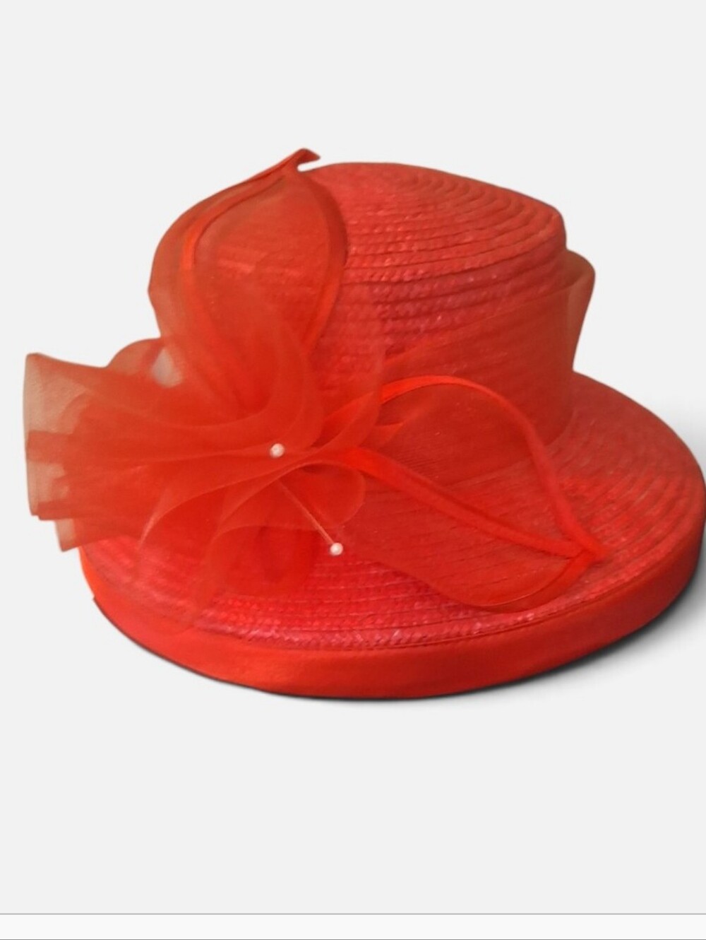Vintage Womens Red Straw Hat with Decorative Tulle Bow And Satin Ribbon Trim